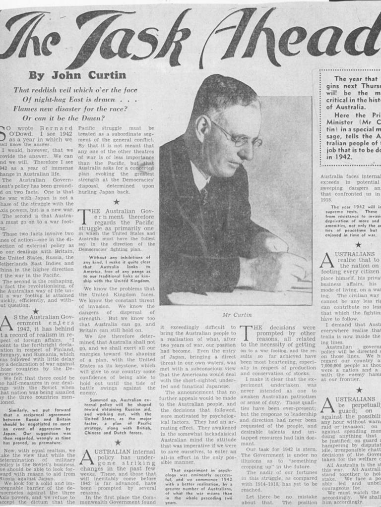 Prime Minister John Curtin's article in the Melbourne Herald.