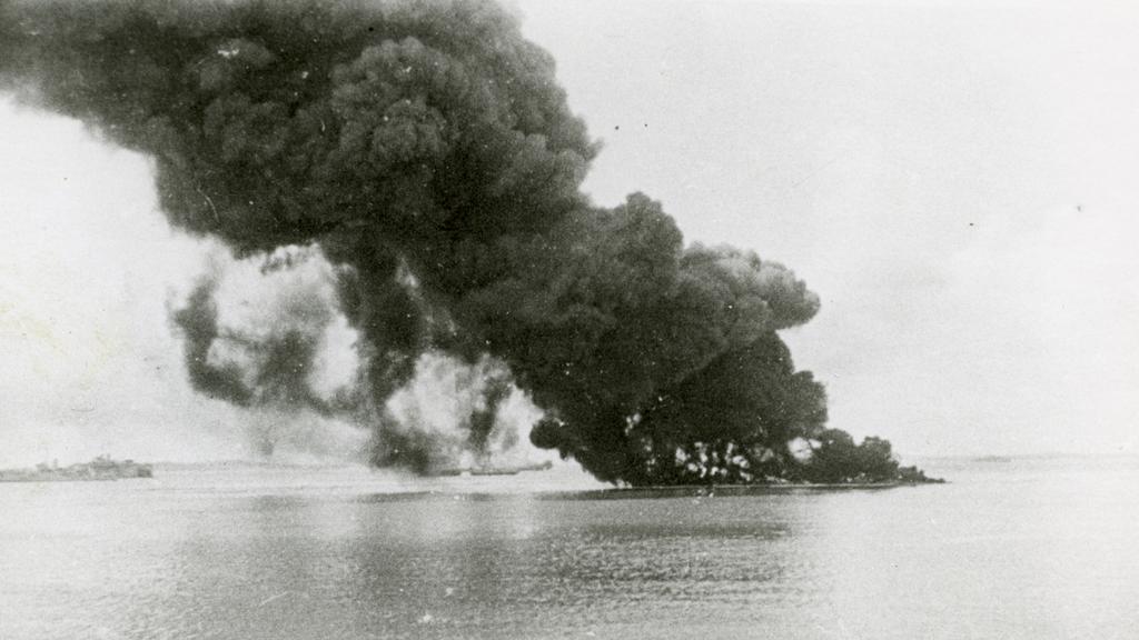 The impact of the first air raid on ships in Darwin Harbour in 1942.